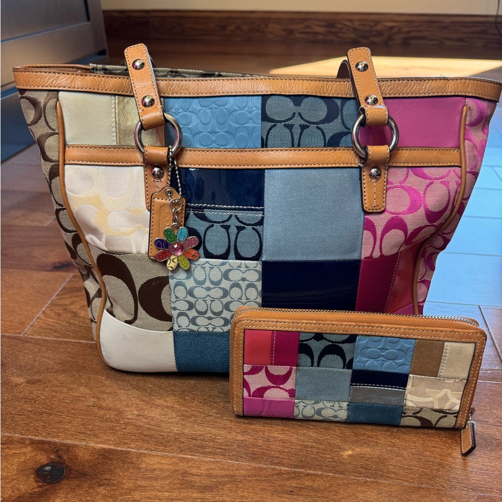 Coach Y2k Multicolor Patchwork Tote & Matching Wa… - image 1